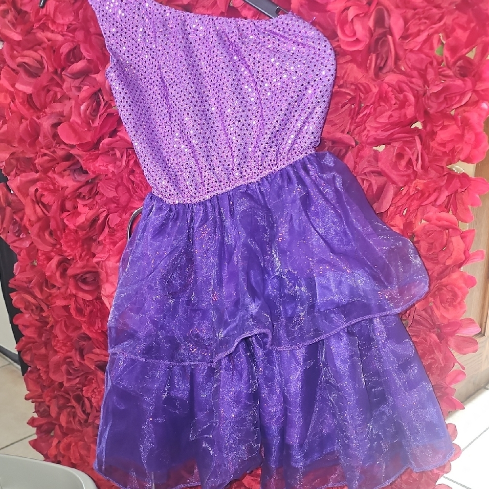 Girls Purple One-Shoulder Dress With Tulle Skirt Sequins & Glitter Size S/M
